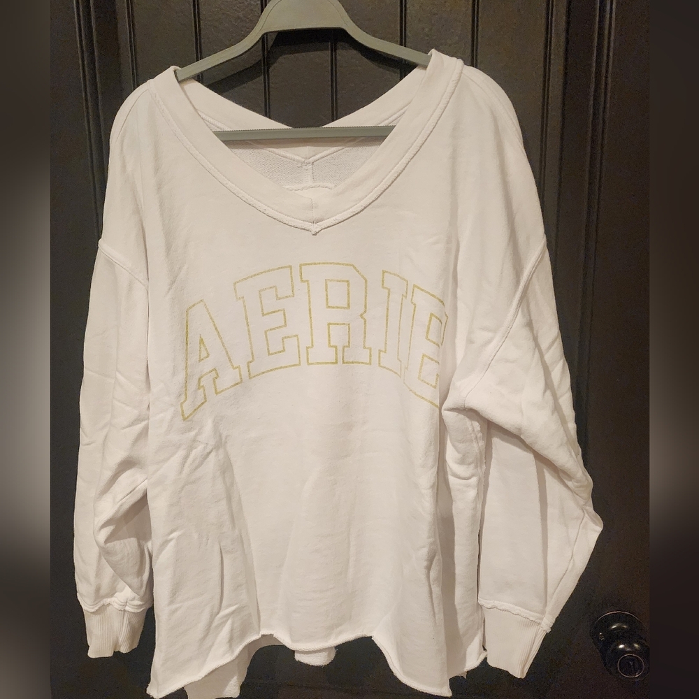 Aerie White V-Neck Sweatshirt, Size M